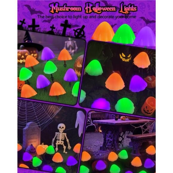 2PK 55FT 32LED Orange and Green Solar Mushroom Lights Outdoor, Solar String - Picture 4 of 7